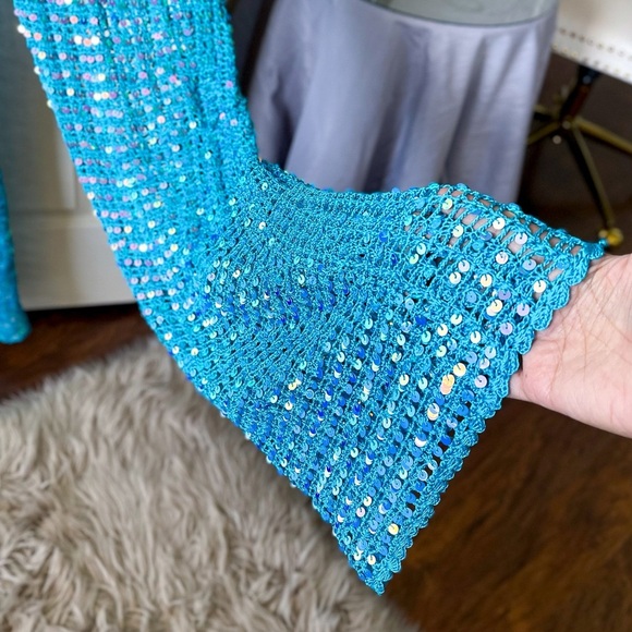 Retrofête Nirvana Aqua Blue Sequin Crochet Jumpsuit Sheer Wide-Leg M L NWT - Picture 3 of 8